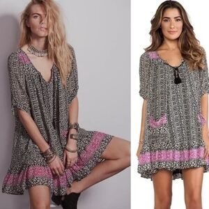 FP Penny Lane Boho Print Chiffon Blk/Purp 1/4 Sleeve Dress